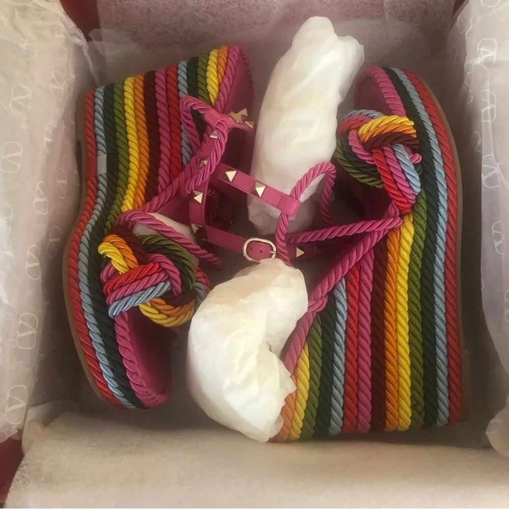 NIB $890 VALENTINO Rockstud Torchon Rainbow Platform Wedge Sandal - size 11 / 41